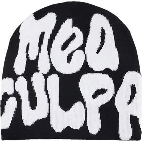 Y2k Beanie MEA Culpa Beanie Cute Acrylic Knitted Beanie Skull Cap Winter Warm Beanies Hats for Women Men Teenagers Black White