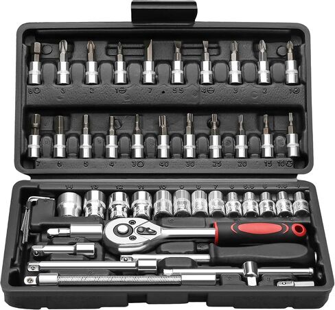 46 Pieces 1/4 Inch Industrial Grade Ratchet Socket Wrench Set, Drive Socket Set with Bit Socket Set Metric and Extension Bar, Professional Tool Set for Auto Repairing and Household in Saudi Arabia