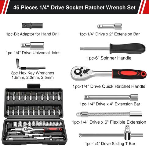 46 Pieces 1/4 Inch Industrial Grade Ratchet Socket Wrench Set, Drive Socket Set with Bit Socket Set Metric and Extension Bar, Professional Tool Set for Auto Repairing and Household in Saudi Arabia