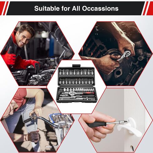 46 Pieces 1/4 Inch Industrial Grade Ratchet Socket Wrench Set, Drive Socket Set with Bit Socket Set Metric and Extension Bar, Professional Tool Set for Auto Repairing and Household in Saudi Arabia