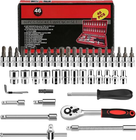 46 Pieces 1/4 Inch Industrial Grade Ratchet Socket Wrench Set, Drive Socket Set with Bit Socket Set Metric and Extension Bar, Professional Tool Set for Auto Repairing and Household in Saudi Arabia