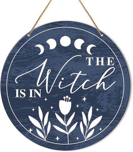 Muktoujaumai Witch Welcome Sign Front Door Decor, Halloween Witch Round Hanging Sign Decor Autumn Wall Wooden Decorations Halloween Witchy Black Wood Sign for Porch, Gothic Home, Come in My Pretties in Kuwait