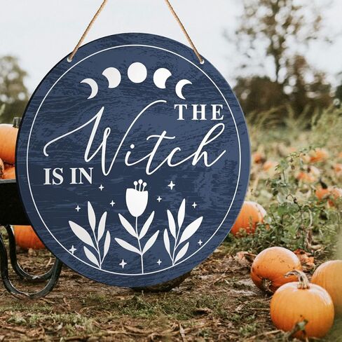 Muktoujaumai Witch Welcome Sign Front Door Decor, Halloween Witch Round Hanging Sign Decor Autumn Wall Wooden Decorations Halloween Witchy Black Wood Sign for Porch, Gothic Home, Come in My Pretties in Kuwait