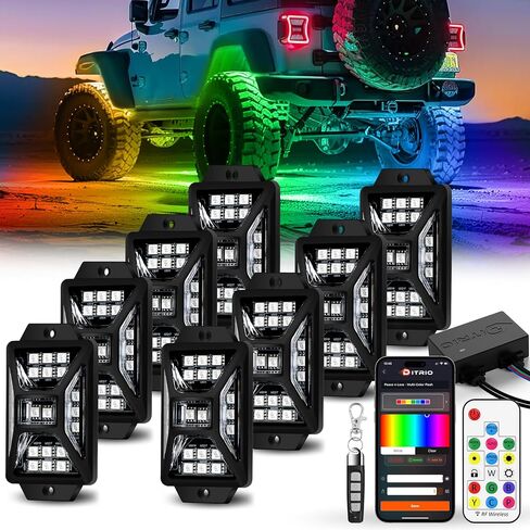 4 قرون أضواء الصخور RGB بخمسة جوانب للشاحنات Jeep UTV SUV ATV، تطبيق متعدد الألوان للمطاردة / التحكم عن بعد أضواء الصخور LED مع وضع الموسيقى، مجموعات خارجية مقاومة للماء للسيارات in Saudi Arabia