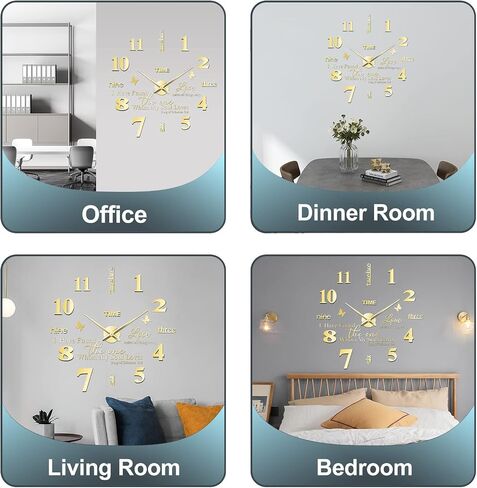 FERRISA Frameless DIY Wall Clock, 3 in 1 Large 3D Frameless Wall Clock 47 Inch, 3D DIY Wall Clock for Living Room Bedroom Office Decor Wall Decor(Gold Motto)… in Saudi Arabia