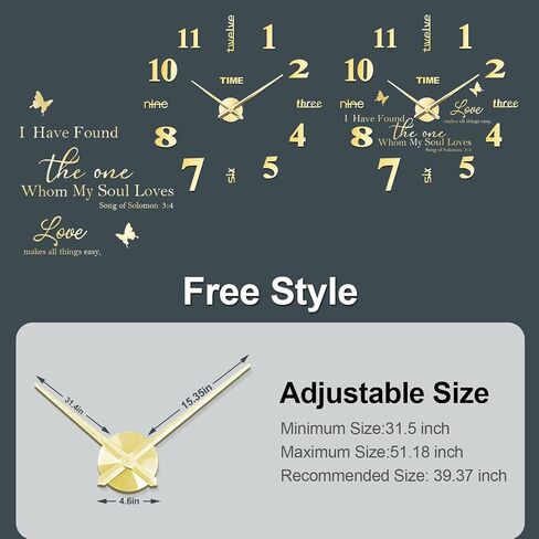 FERRISA Frameless DIY Wall Clock, 3 in 1 Large 3D Frameless Wall Clock 47 Inch, 3D DIY Wall Clock for Living Room Bedroom Office Decor Wall Decor(Gold Motto)… in Saudi Arabia