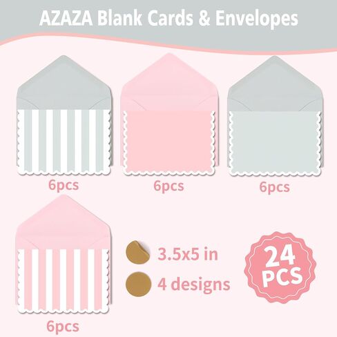 AZAZA Blank Cards and Envelopes Pink and Green 24 Pack,3.5x5 Mini Striped Greeting Cards,Blank Note Cards & Sage Green Envelopes for Baby Shower,Wedding Thank You Cards,Graduation in Saudi Arabia