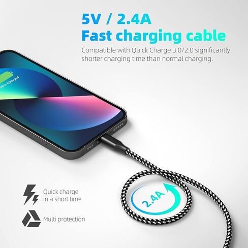 iPhone Charger Cord 3 Pack 10 FT Apple MFi Certified Lightning Cable Nylon Braided iPhone Charger Fast Charging Cable Compatible with iPhone 14 13 12 11 Pro Max XR XS X 8 7 6 Plus SE iPad and More in Kuwait