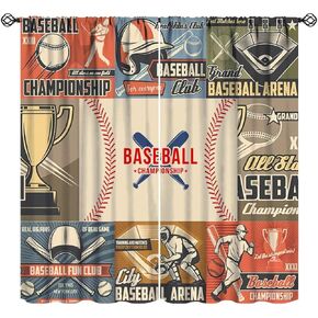 Baseball Curtains for Boys Kids, Baseball Sports Theme Ball Game Patchwork Baseball Bat Print Window Treatments for Teens Men Bedroom Living Room 42" W X 45" L