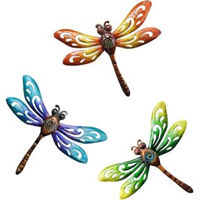 Sunny Barrel Vibrant Metal Dragonfly Wall Decor Set of 3 Multicolored: Green, Purple & Orange. Indoor or Outdoor Decor.