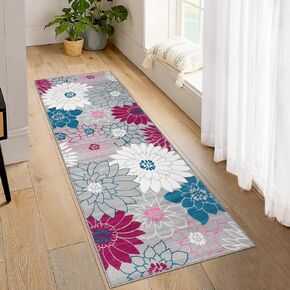 GAOMON Runner Rug 2x6 Floral Washable Kitchen Runner Rugs Modern Farmhouse Easy-Cleaning Hallway Rug with Rubber Backing Non Shedding Carpet for Laundry Room, Light Grey