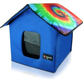 New 2024 Indoor/Outdoor Foldable Pet House for Cats and Small Dogs - Timer Control Fleece Heating Bed, Ties Downs for Secure Placement, Two Exits, and Waterproof Roof - Orange/Tie-Dye