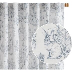 Vangao Linen Curtains Farmhouse Blue Curtain 84 Inches Long for Bedroom French Country Toile Back Tab Drapes Animal Printed Light Filtering Kids Window Treatment Curtains Set, 2 Panels