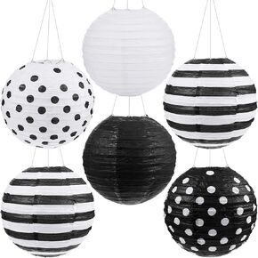 Treela Back to School 8" White Black Paper Lanterns Decorative Round Hanging Paper Lanterns Chinese Japanese Paper Striped Polka Dots Black and White Office Decor for Birthday Party (12)