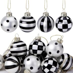 12 Pcs Black and White Christmas Balls Ornaments- 1.6" Glass Buffalo Plaid Stripe Dots Hanging Balls- Black White Checkered Ball Tree Ornaments for Christmas Halloween Party Home Decoration