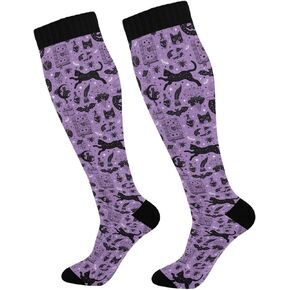JUNZAN Halloween Spooky Skeleton Stars Pink Compression Socks Womens Circulation Long Socks for Athletic Running Yard Work