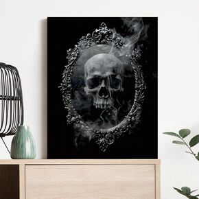 JBER Framed Wall Art Gothic Halloween Oddity Decor Canvas with Modern Vintage Mirror Skull Haunted House Decorations Painting Print for Living Room, Bedroom, Office & Home Decor, 16"x12"