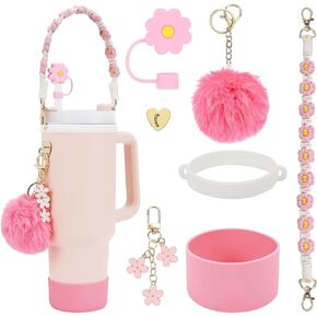 7Pcs Cup Accessories Set for Stanley Cup, Including Siliocne Cup Boot, Siliocne Straw Topper Cover Cap, Water Bottle Handle Strap, Stanley Keychain Charms for 30oz&40oz Stanley Cup