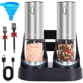 Stainless steel Electric Salt and Pepper Grinder Set,Large Capacity Automatic Pepper Mill Grinder with Upgraded Rechargeable Charge Base and LED Light,Adjustable Coarseness, Easy to clean