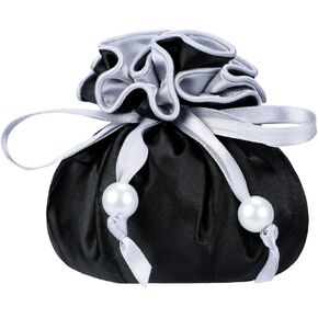 Marisa D'Amico Drawstring Premium Satin Jewelry Pouch with 8 Interior Pockets, Black + Silver