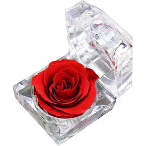 Real Preserved Forever Rose Flower Clear Acrylic Ring Box Rose Ring Holder Flower Engagement Ring Box Jewelry Gift Case for Valentine’s Day Anniversary