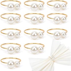 Gold Pearl Napkin Rings Set of 12, Elegantly Holds and Secures The Napkin in Place for Family Gathering, Business Dinner, Party Dinner, Christmas, Easter, Thanksgiving Day, Wedding.