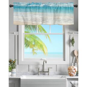 Valance Curtain for Windows Coastal Beach Wave,Privacy Panel Rod Pocket Window Treatment Blue Sky and Sea,Short Valances for Bathroom Kitchen Bedroom 54x18in