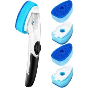 HELIME Non Scratch Dishwand Handle Kit with 5 Refills, Heavy Duty Dish Wand Scrubber Replacement, Scrub Sponge Heads with Hole, Soap Control Dispenser, Dishwashing Brush Packs, Kitchen Cleaning Tools
