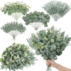 Serwalin 100 Pcs 7 Kinds Mixed Artificial Eucalyptus Leaves Stems Bulk Faux Silver Dollar Eucalyptus Leaves Real Touch Greenery Branches for Wedding Floral Arrangement Table Centerpieces Home Decor