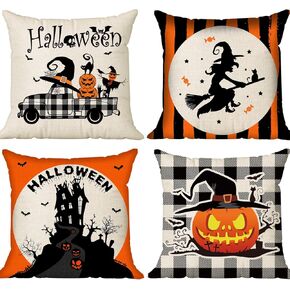 CREATRILL Halloween Spooky Pillow Cover 18 x 18 Set of 4, Buffalo Check Pumpkin Scarecrow Truck Witch Castle Decorative Pillow Covers for Farmhouse Rustic Halloween Decor Indoor