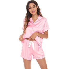 WiWi Womens Silk Soft Pajamas Soft Summer Sleepwear Loose Comfy Loungewear Casual Sleep Nightwear S-XXL