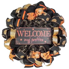 Welcome My Pretties Wreath | Halloween Witch Front Door Wreath | Black Orange Gold