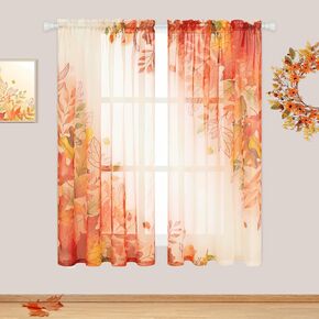 BLEUM CADE ستائر الخريف الشفافة لغرفة المعيشة، ستائر أوراق القيقب لعيد الشكر، 84 بوصة طويلة قضيب الجيب، ستائر النافذة بألوان مائية للخريف شبه شفافة، ستائر الفوال شبه الشفافة، 52 بوصة عرض × 84 بوصة طول، لوحتان in Kuwait