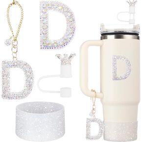 4Pcs Accessories Charms for Stanley Cup Including Attractive Crown Straw Cover Topper & Diamond Sticker,Bling Letter, Glitter Silicone Boot for 30oz/40oz Stanley Cup