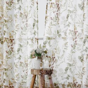 OWENIE Crushed Sheer Curtains 63 Inch Length 2 Panels Set, Sheer Floral Curtians with Printed Leaves Design, Printing Drapes for Living Room, Rod Pocket Light Filtering Window Sheers 42" W x 63" L