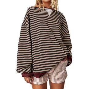 UEU Women Striped Oversized Sweatshirt Color Block Crewneck Long Sleeve Pullover Top Fashion Trendy Preppy Clothes