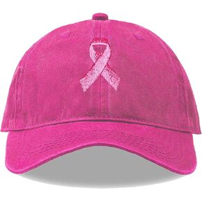 Breast Cancer Awareness Hat for Women, Embroidered Pink Ribbon Vintage Cotton Adjustable Baseball Cap