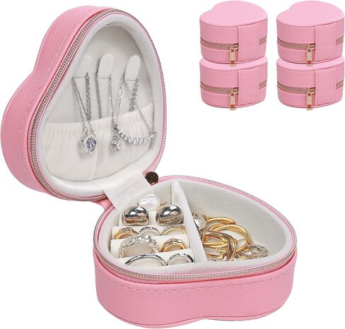 4Pcs Heart-Shaped Small Jewelry Box Travel Jewelry Case Girls Mini Jewelry Box for Rings Earrings Necklaces Organizing Portable PU Leather Jewerly Organizer for Women in Saudi Arabia