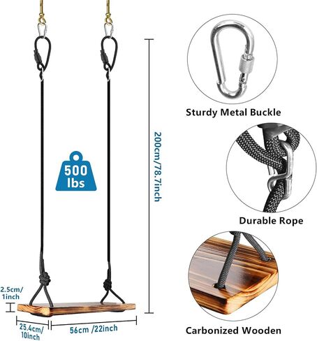 Wooden Tree Swing, Micsci Carbonized Hanging Wooden Swing Seat Waterproof Wood Tree Swings with Adjustable Rope, 500lbs Load for Adults,Children,Kids, Indoor,Outdoor,Garden,Backyard (22x10x1.0 inch) in Kuwait
