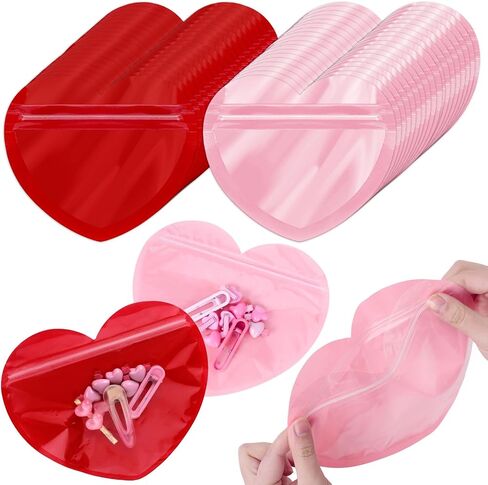 JarThenaAMCS 100Pcs Heart-Shaped Gift Bags Red Pink Clear Resealable Baggies Cute Pouch Jewelry Bags for Valentine's Day Gift Wrap Earring Necklace Sample Hairpins Hairband in Saudi Arabia