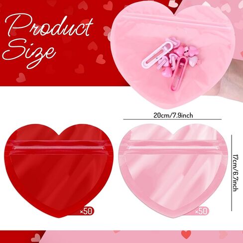 JarThenaAMCS 100Pcs Heart-Shaped Gift Bags Red Pink Clear Resealable Baggies Cute Pouch Jewelry Bags for Valentine's Day Gift Wrap Earring Necklace Sample Hairpins Hairband in Saudi Arabia