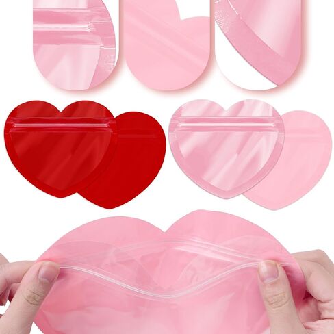 JarThenaAMCS 100Pcs Heart-Shaped Gift Bags Red Pink Clear Resealable Baggies Cute Pouch Jewelry Bags for Valentine's Day Gift Wrap Earring Necklace Sample Hairpins Hairband in Saudi Arabia