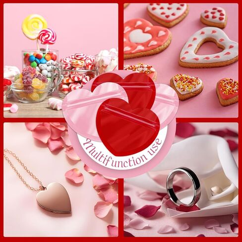 JarThenaAMCS 100Pcs Heart-Shaped Gift Bags Red Pink Clear Resealable Baggies Cute Pouch Jewelry Bags for Valentine's Day Gift Wrap Earring Necklace Sample Hairpins Hairband in Saudi Arabia