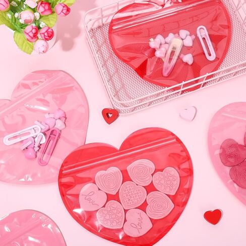 JarThenaAMCS 100Pcs Heart-Shaped Gift Bags Red Pink Clear Resealable Baggies Cute Pouch Jewelry Bags for Valentine's Day Gift Wrap Earring Necklace Sample Hairpins Hairband in Saudi Arabia