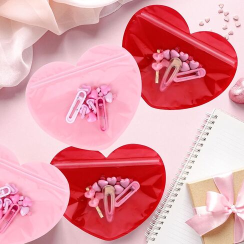 JarThenaAMCS 100Pcs Heart-Shaped Gift Bags Red Pink Clear Resealable Baggies Cute Pouch Jewelry Bags for Valentine's Day Gift Wrap Earring Necklace Sample Hairpins Hairband in Saudi Arabia