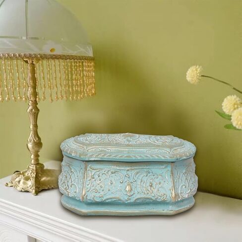 صندوق خواتم عتيقة أقراط عتيقة منظم حلية على طراز الفن الحديث صندوق تخزين مستطيل مزخرف مرسومة يدويًا مع غطاء زهور منقوش محيطي هدية فريدة للعائلة (أخضر) in Kuwait