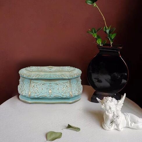 صندوق خواتم عتيقة أقراط عتيقة منظم حلية على طراز الفن الحديث صندوق تخزين مستطيل مزخرف مرسومة يدويًا مع غطاء زهور منقوش محيطي هدية فريدة للعائلة (أخضر) in Kuwait