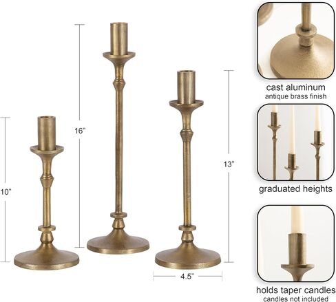 Kate and Laurel Lahari Vintage Three-Piece Taper Candle Holder Set, Set of 3, Antique Brass, Metal Cast Aluminum Candlestick Holders for Dining Table or Fireplace Mantel Display in Saudi Arabia