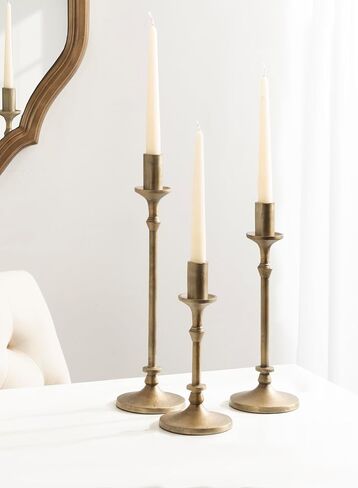 Kate and Laurel Lahari Vintage Three-Piece Taper Candle Holder Set, Set of 3, Antique Brass, Metal Cast Aluminum Candlestick Holders for Dining Table or Fireplace Mantel Display in Saudi Arabia