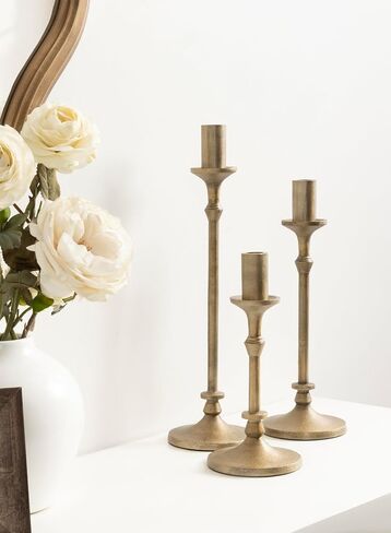 Kate and Laurel Lahari Vintage Three-Piece Taper Candle Holder Set, Set of 3, Antique Brass, Metal Cast Aluminum Candlestick Holders for Dining Table or Fireplace Mantel Display in Saudi Arabia